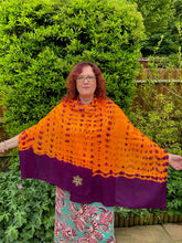 Load image into Gallery viewer, Hand dyed merino wool and silk pashmina in Metatron&#39;s colours of orange and magenta
