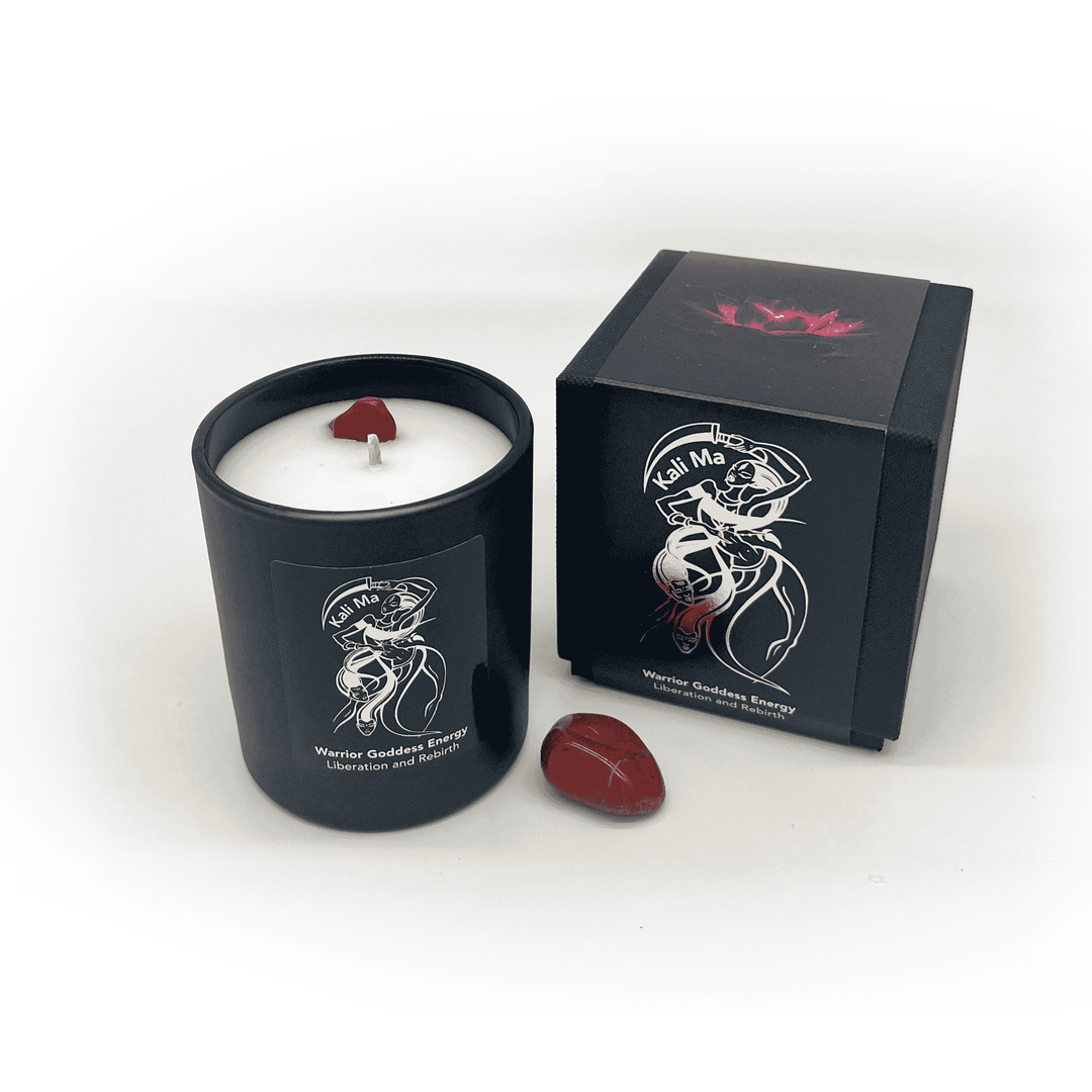 Black candle Kali Ma with decorative design and packaging on a white background