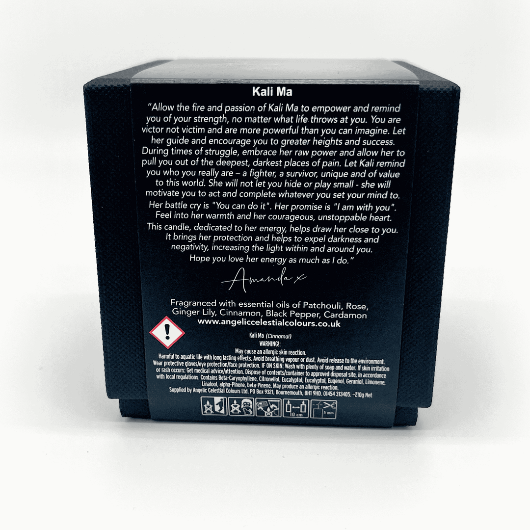 Back of a candle packaging with text and branding on a white background