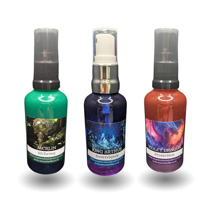 King_Arthur_Merlin_Violet_Dragon_and_Lady_of_the_Lake_aura_sprays_in_Camelot_Codes_collection