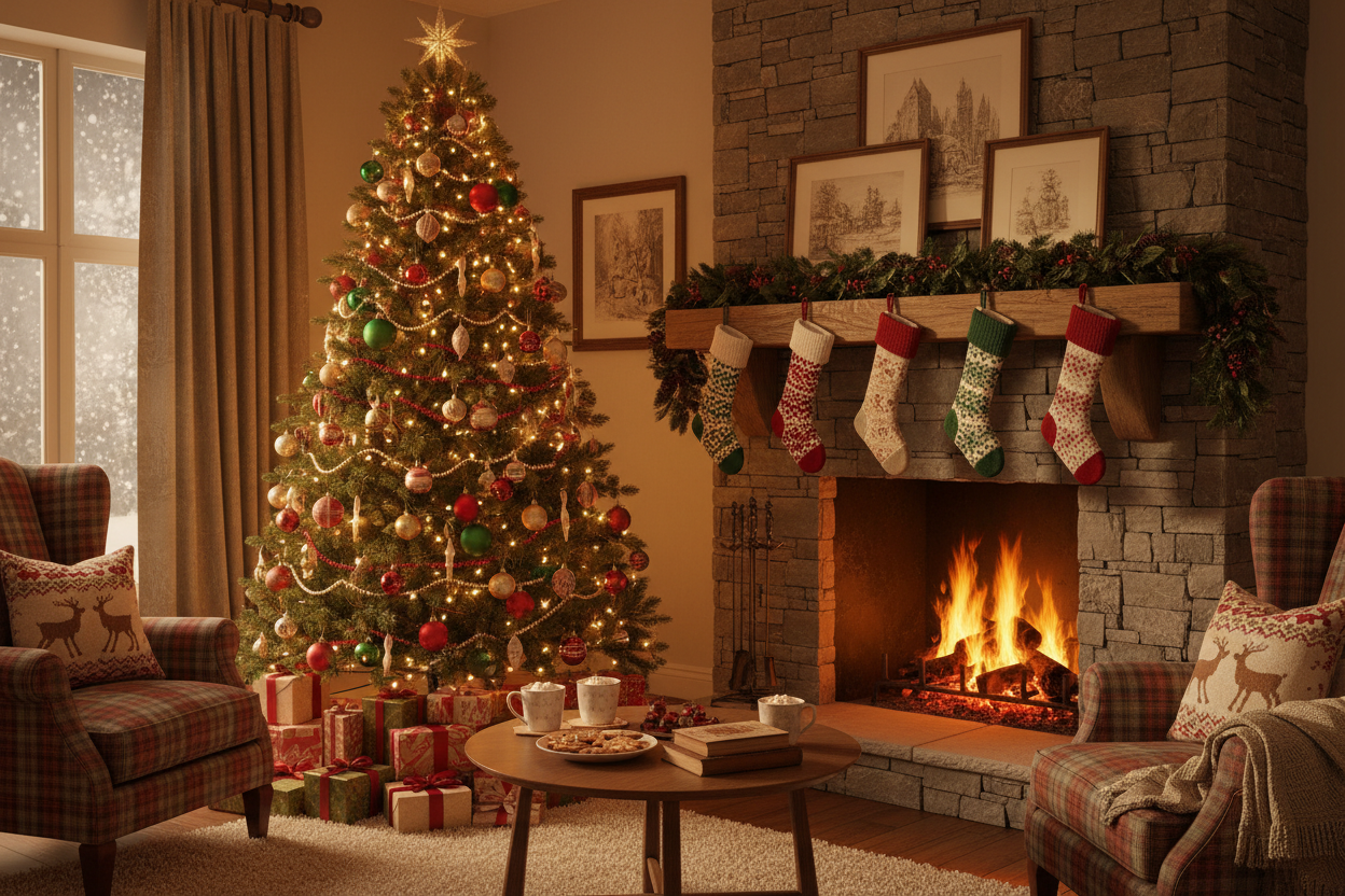 christmas tree, fire, stocings