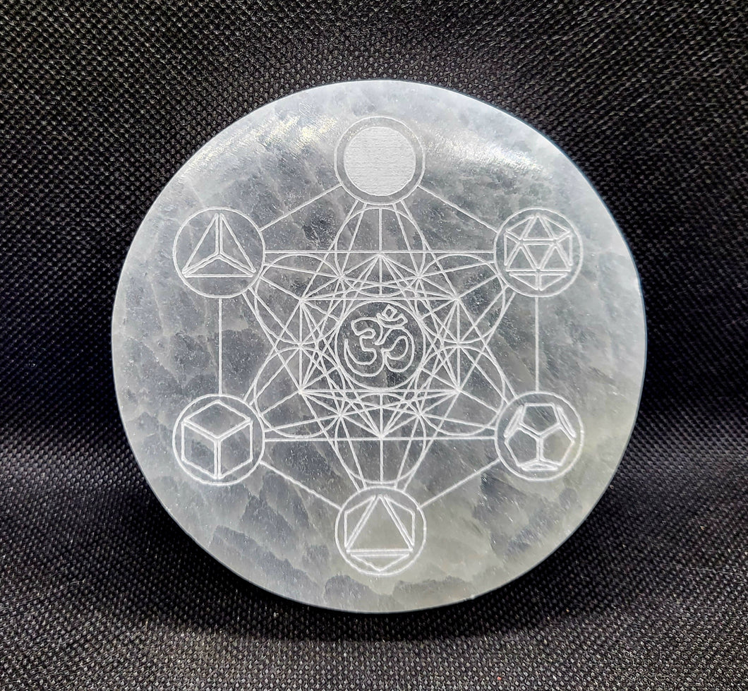 Selenite Charging Plate - Metratron's Cube/Flower of Life/Sri Yantra